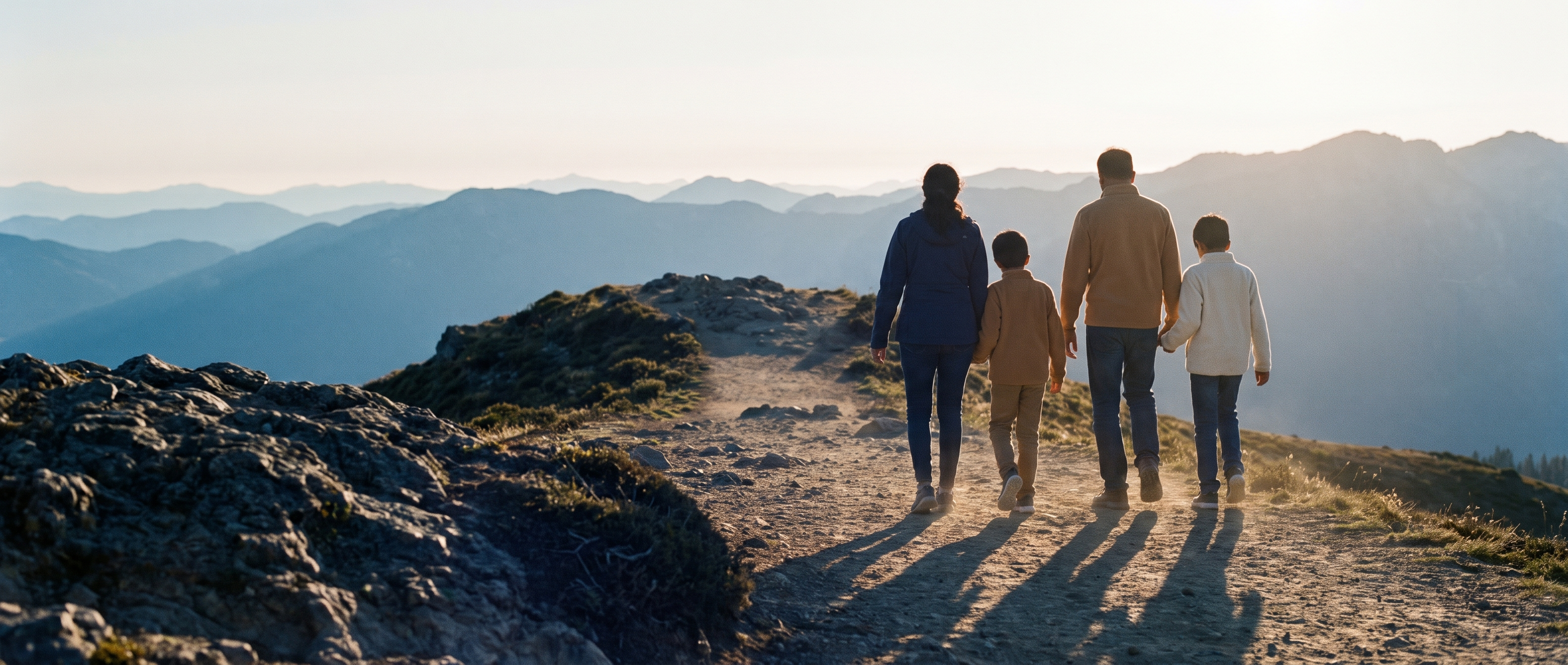 A family walking on a mountain ridge at golden hour